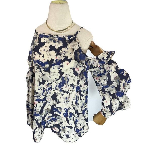 Sim & Sam Cold Shoulder Ruffle Blouse Top Floral Multicolor Size Medium - Picture 1 of 14